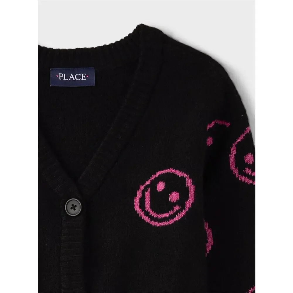 The Children’s Place Black Pink Smiley Happy Face Button Up Cardigan Size XXL 16